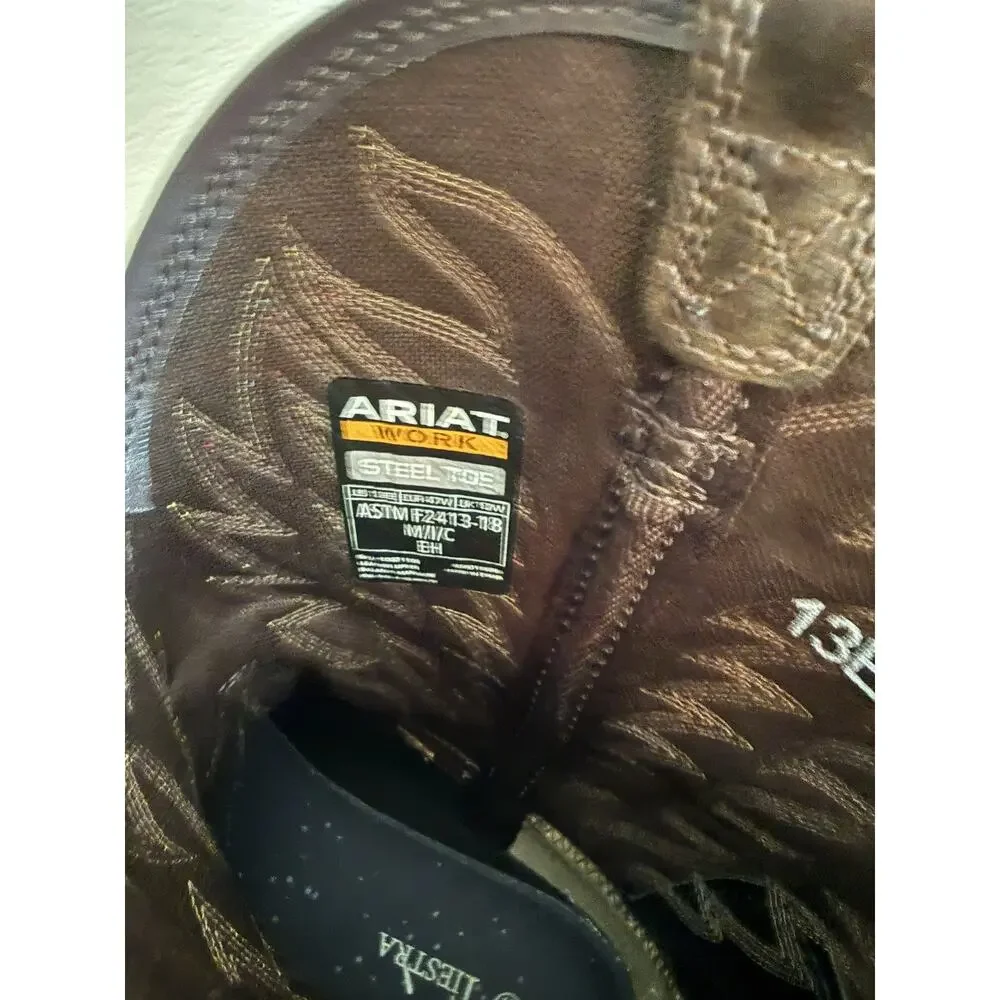 Gently Used Ariat Groundbreaker Square Steel Toe Brown Leather Embroidered 13EE